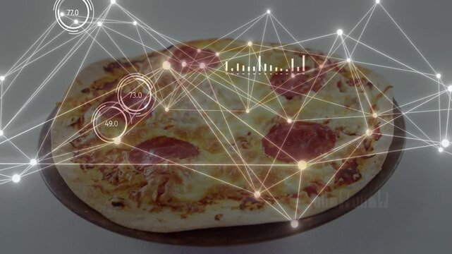 Vertical video: Tech overlay appearing over pepperoni pizza on board, displaying slice-score bars