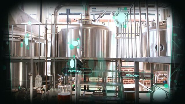 HUD overlay appearing, camera rising and panning, revealing stainless tanks to document process