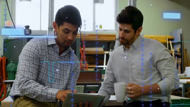 Left engineer tapping tablet activating HUD, right coworker leaning with mug, reviewing design data