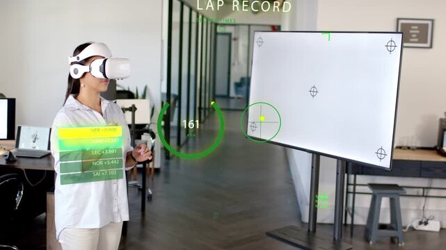 Asian woman wearing white shirt and VR headset, gesturing in office corridor at AR HUD