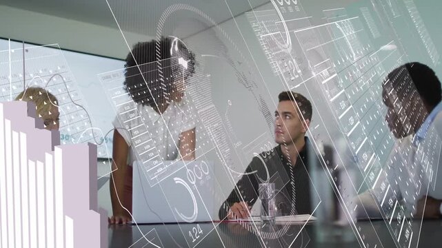 Presenter tapping laptop, animated charts, 3D bars sliding across camera for business, team noting