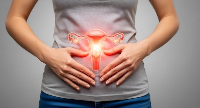 Medical illustration of a woman suffering from pelvic pain with a highlighted cervix area. Useful for themes like cervical cancer, oncology, gynecological health, and early disease detection