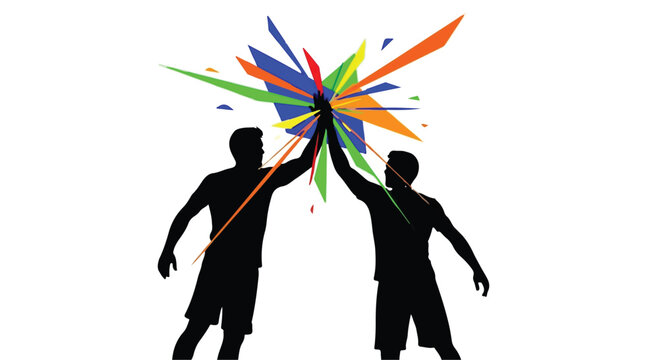 Athletes performing a high five celebrate a successful team victory with energy.