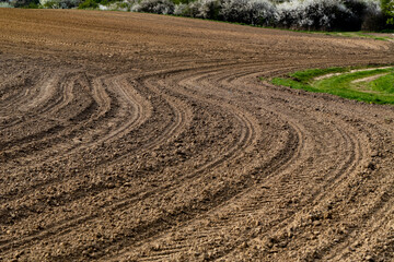 Freshly plowed agricultural field with curved tractor tracks and rich soil texture. Rural landscape in spring, ideal for farming, agriculture, and sustainability concepts © Maciej Bonk