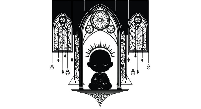 Monk meditating inside a gothic cathedral window creates a serene spiritual scene.