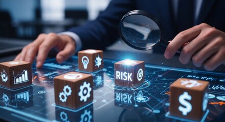Fototapeta premium Business risk assessment with magnifying glass over financial blocks on digital screen