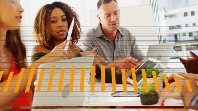 Team of three passing docs tapping tab starting orange bars covering table analyzing business data