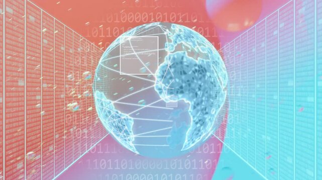 Globe fading in, rotating, generating triangular mesh, pulsing network lines, visualizing tech data