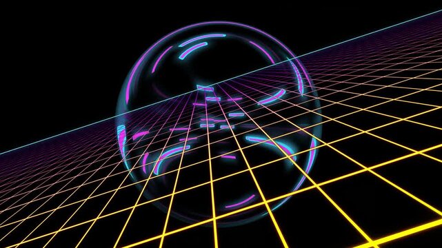 Neon streaks sweeping horizon, camera tilting, causing sphere rotating and reflecting grid for tech