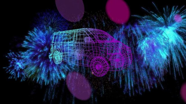 Fireworks launching below and exploding into cyan bursts around wireframe van creating surround