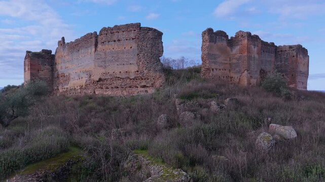 Aerial drone view of the landscape at Villalba Castle in the town of Cebolla, Toledo Province, Castile-La Mancha, Spain, Europe