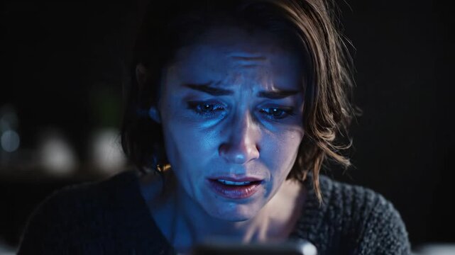shocked caucasian woman looking at smartphone screen in dark room illuminated by blue light. frightened face reading bad news, cyberbullying, digital anxiety, online scam, negative internet impact.