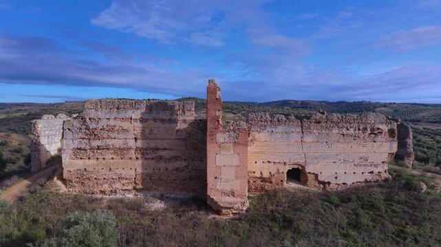 Aerial drone view of the landscape at Villalba Castle in the town of Cebolla, Toledo Province, Castile-La Mancha, Spain, Europe