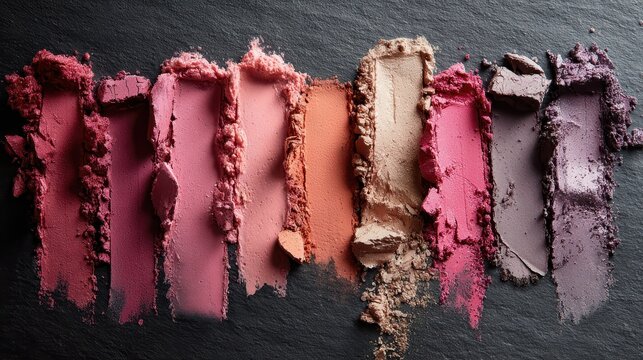 premium Various shades of crushed eyeshadow smears on dark slate background, cosmetic powder swatches for beauty and fashion concept background