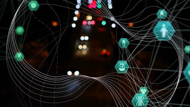 Vertical video: Wire wave appearing, overlay expanding across night road, visualizing medical icons