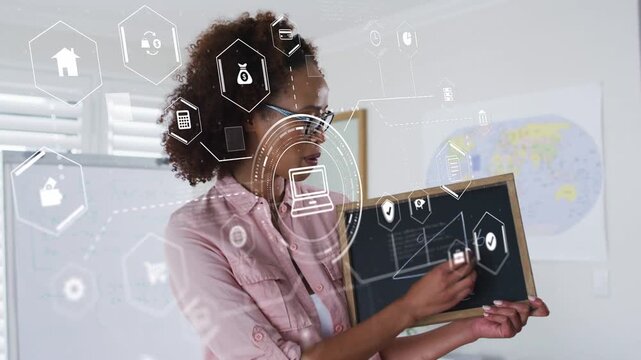 HUD graphics appearing tutor holding board turning pointing erasing triangle teaching Pythagoras