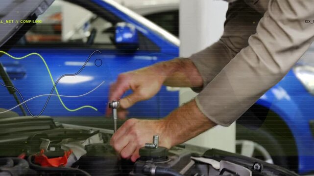 Mechanic engaging ratchet, loosening bolts and inspecting engine for repair with blue car behind