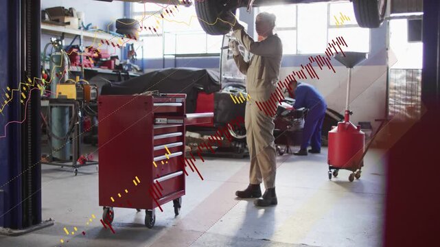 After lift, mechanic tightening wheel bolts in auto bay, animated red-yellow marks guiding repair