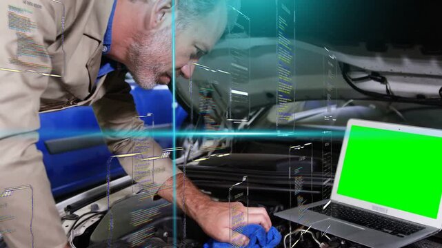 Mechanic touching laptop trackpad while wiping engine with blue cloth, HUD overlays guiding repair