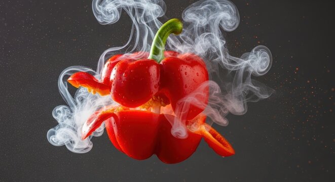 Close-up of a vibrant red bell pepper with smoke and flames on a dark background.
