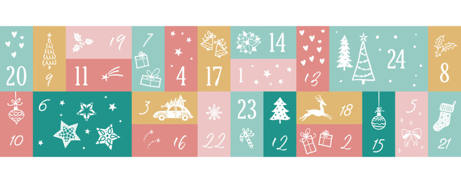 Cute hand drawn Christmas advent calendar. Lovely doodle drawings, vector design