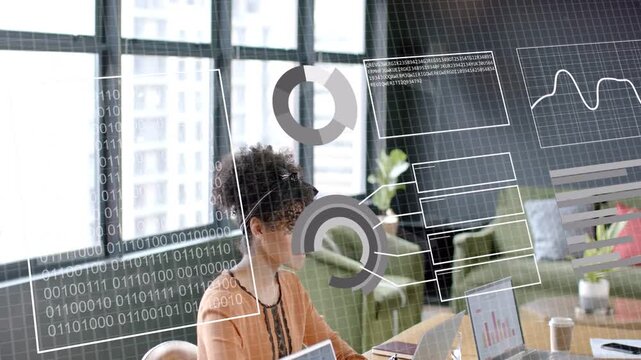 Woman typing laptop by windows causing binary matrix and charts moving right for business insight