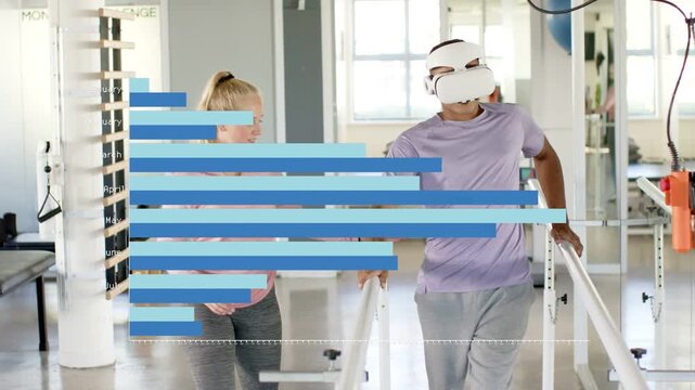 Vertical video: Male patient gripping parallel bars walking, VR activating rehab chart for therapy