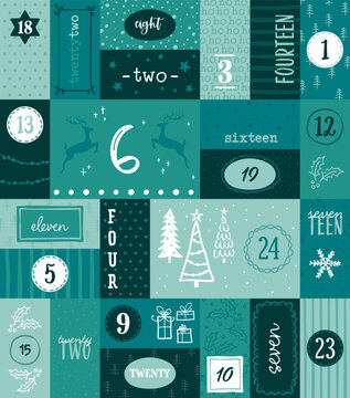 Cute hand drawn Christmas advent calendar. Lovely doodle drawings, vector design