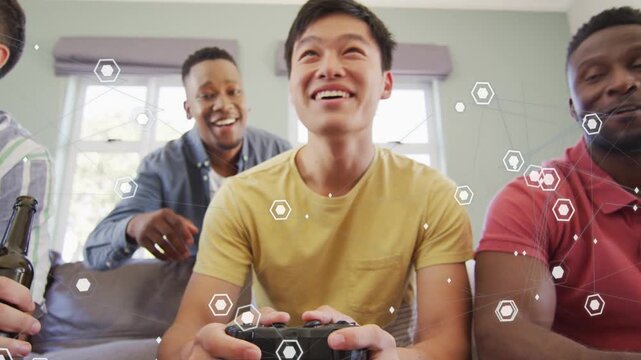 Center player moving controller causing hex particles over hands while friends reaching for gaming