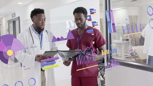 Doctor tapping tablet and explaining animated medical charts appearing around colleague in corridor