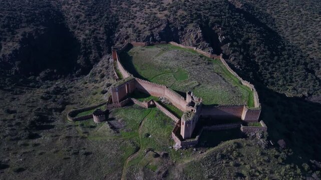 Aerial view from a drone of the landscape at Montalban Castle in San Martin de Montalban, Toledo Province, Castile-La Mancha, Spain, Europe