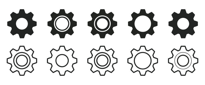 Gear setting icon set featuring cog wheel and gear wheel symbols, configuration elements, system control graphics, and modern minimalist line art for settings menus, application customization, and tec