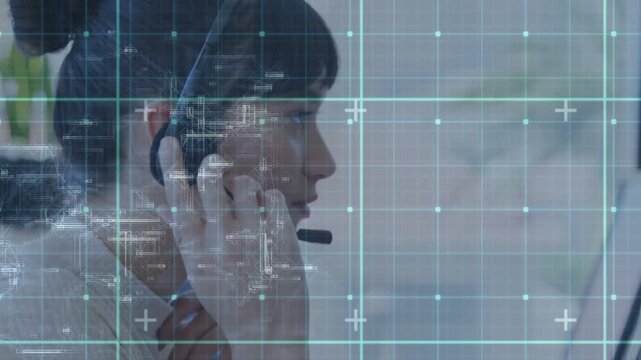 Woman touching headset after monitor ping, taking support, grid overlay moving over woman and plant