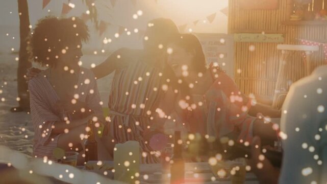 Sparkles brightening and right person interacting, trio turning, hugging, bonding on golden beach