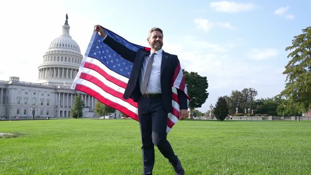 Businessman national holiday. Businessman in Washington DC. Man with American flag. Politician on independence day. Successful career in USA. Leadership and success. Successful political leader