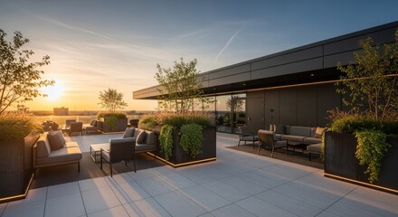 Obraz premium Modern rooftop terrace with seating area during sunset light
