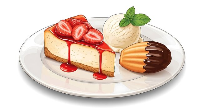 Delicious strawberry cheesecake with ice cream and chocolate Madeleine cake on a plate