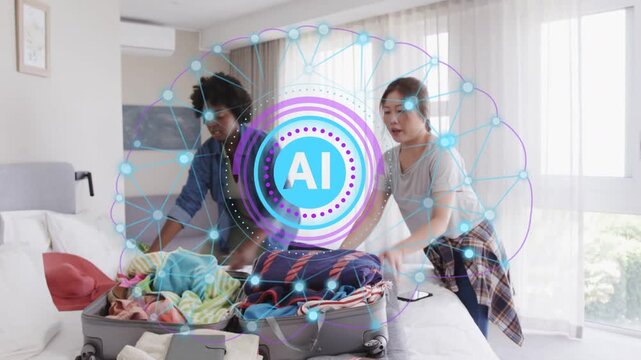 Two women starting packing into open suitcase on bed while AI graphic appearing and guiding travel