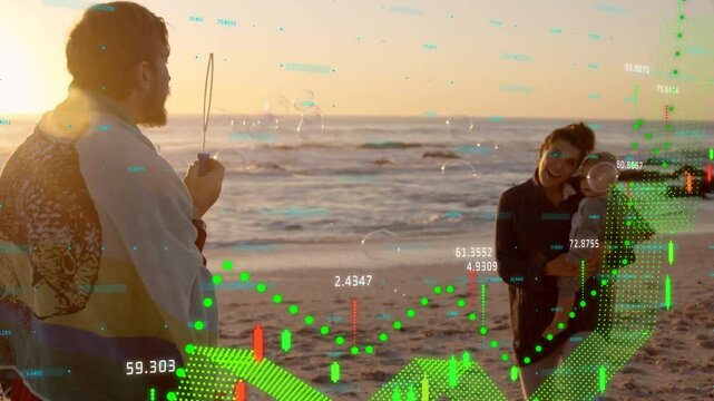 Mum with baby blowing bubble as transparent finance charts growing, man with wand watching on shore