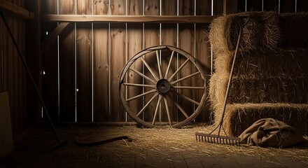 Fototapeta premium Vintage wooden wagon wheel and farm tools in a rustic barn