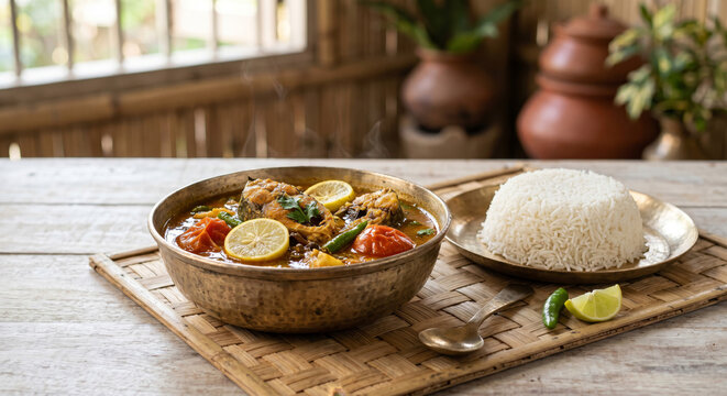 Traditional Assamese Meal with Fish Tenga and Khar in Bell Metal. A healthy and simple Assamese platter featuring sour fish curry (Tenga) and papaya-based Khar, served in traditional bronze utensils.