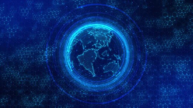 Global network concept. IoT Internet of Things Information Network 3D digital HUD Earth moving particles world information hologram user interface background. Space technology environment concept 3D