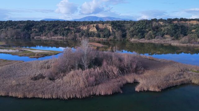 Aerial view from a drone of the Alberche River near the Cazalegas Reservoir, close to the town of Cazalegas. Province of Toledo. Castile-La Mancha. Spain. Europe