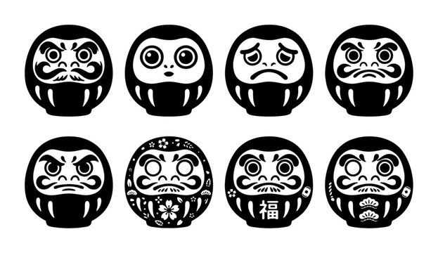 Japanese Daruma doll vector set, traditional black and white Zen monk figurines with different facial expressions, 8 minimalist Asian folk art icons
