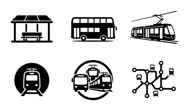 Public transport icon set with bus, tram, and subway symbols. Urban transit collection including double decker bus, train station, and city metro map.