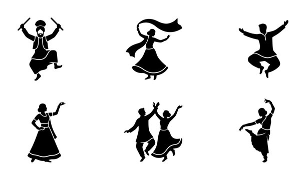 Indian folk dance silhouettes, traditional bhangra and garba dancers set, 6 black vector icons of cultural performers in ethnic attire for festival design