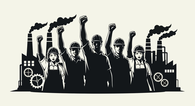 group of workers with raised fists standing in front of industrial factory buildings with smoking chimneys and gears