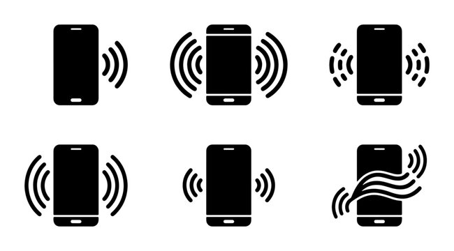 Smartphone vibration icon set, ringing mobile phone with signal waves, 6 black vector silhouettes of vibrating cellphones for notifications