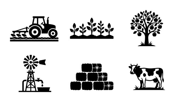 Agriculture and farming icon set, black silhouette farm vector elements, tractor and livestock symbols, organic food production graphics