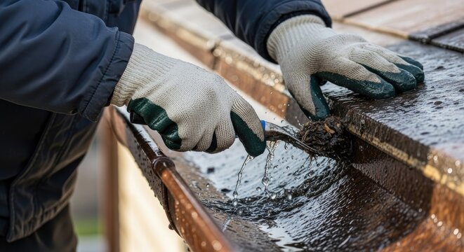 Person cleaning gutter removing debris maintenance exterior home improvement